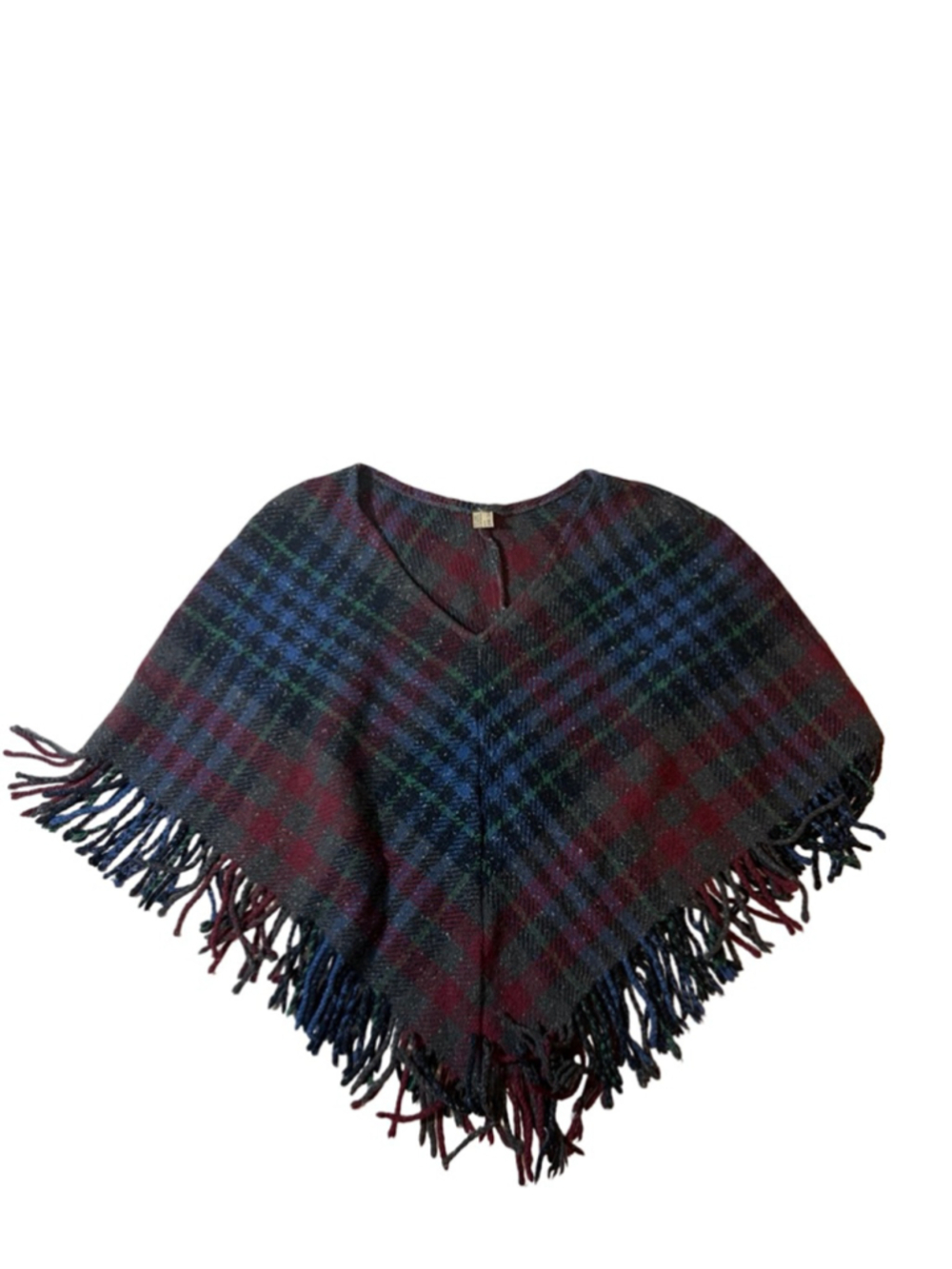 Burberry London Plaid Wool Angora Fringe Poncho Cape Made in Scotland